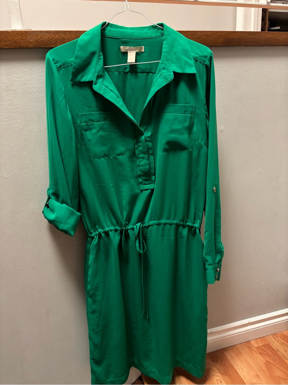 Banana Republic Emerald Green Long Sleeve Drawstring Shirt Dress